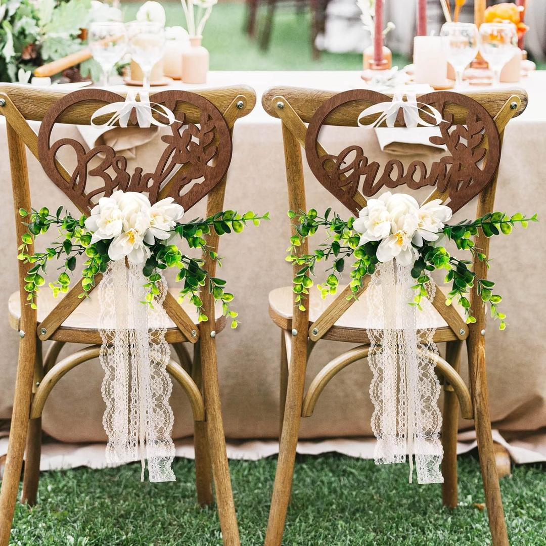 Bride and Groom Chair Decorations Bride and Groom Floral Chair Signs Wedding Chair Signs Wooden Rustic Mr Mrs Chair Signs with Chiffon Ribbons for Church Chair Bench