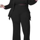 Plus Size 3 Piece Sweatsuits for Women - Crop Top Blazer Jacket and Wide Leg Long Pant Suits Jumpsuit Romper Set Black 3X