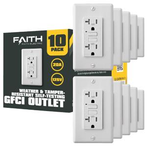 Faith [10-Pack] 20A Outdoor GFCI Outlets, ETL Listed, Weather and Tamper-Resistant GFI Duplex Receptacles, Self-Test WR TR Ground Fault Circuit Interrupter with Wall Plate, White