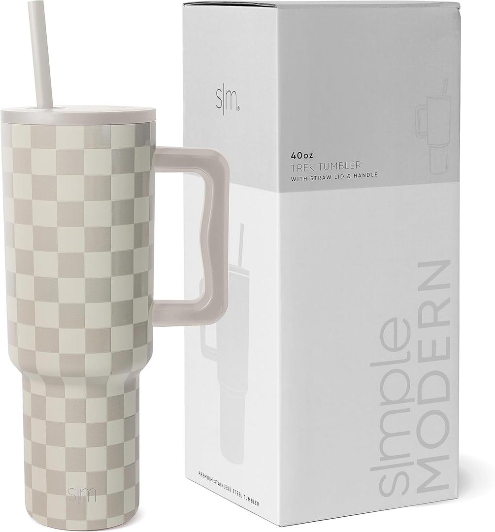 Simple Modern 40 oz Trek Tumbler with Handle and Straw Lid | Cup Holder Friendly Insulated Stainless Steel Travel Mug | Checkmate