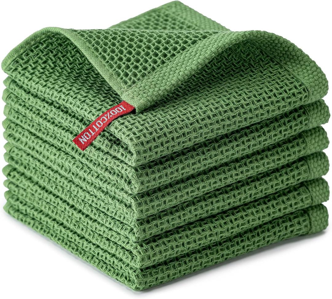 BOOMIBOO 6-Pack Kitchen Dish Cloths, 100% Cotton Waffle Weave, Ultra Soft Absorbent, Quick Drying Dish Towels, 12x12 Inches,Grass Green