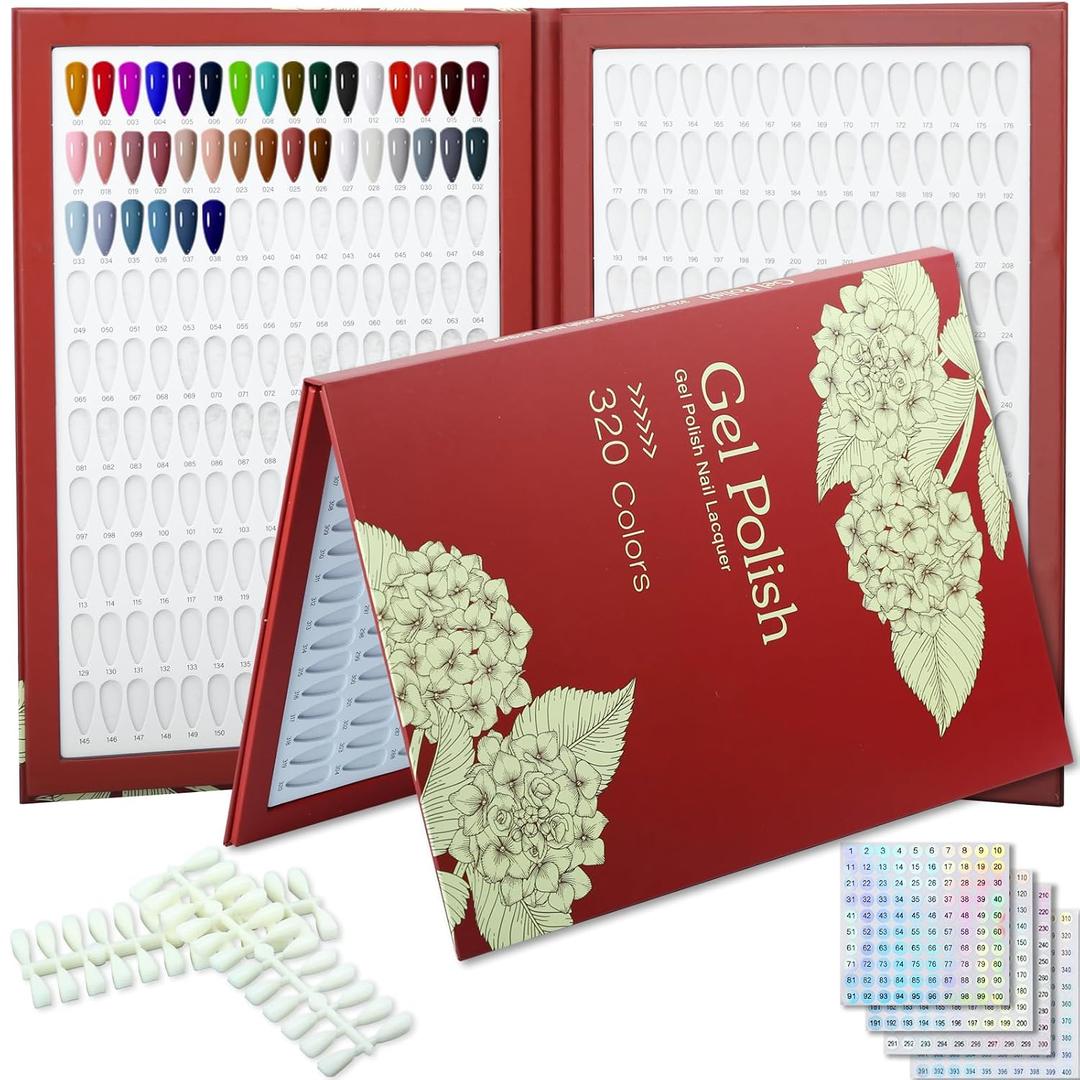 320 Nail Color Chart Book,Nail Color Display Book with 480 Nail Tips & 1-400 Number Labels,Professional Nail Color Swatches Book for UV Gel Polish Nails Art Design(Red)