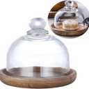 Rikyo Glass Dessert Dome with Wood Base,Mini Cake Stand,Cake Plate Wooden Plates with Dome,Fruit Display Server Tray for Kitchen,Wedding,Appetizer Dessert and Cheese Serving Stand (Round-3.25")