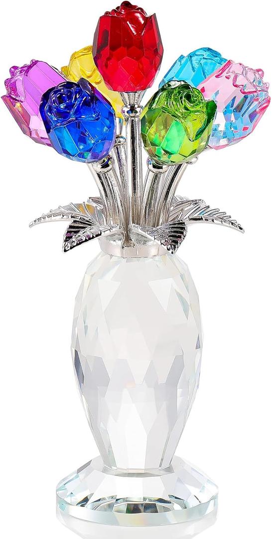 Movdyka Crystal Colorful Rose Flower Figurine with Vase Handmade Romantic Glass Rose Gifts for Wife Mom on Mother's Day Birthday Christmas Wedding Valentines Home Decorations (Multicolor)
