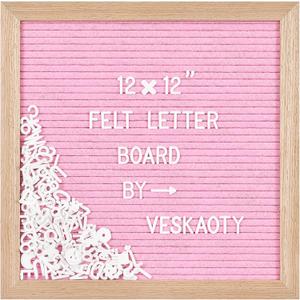 Felt Letter Board with 460 Letters, Numbers & Symbols - 12 x 12 inch Changeable Message Board with Wooden Frame Wall Mount Hook (Pink)