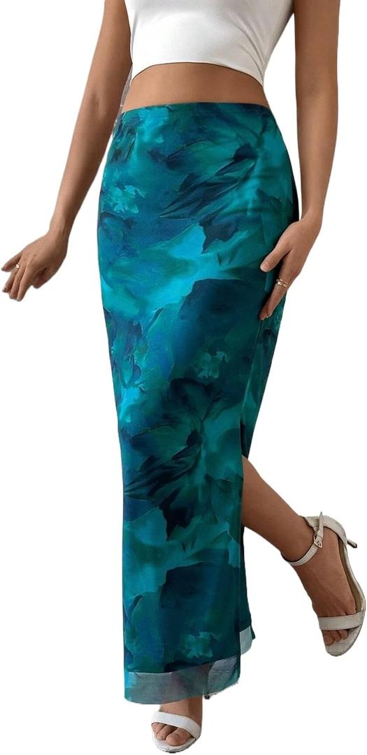 Women's Floral Midi Fall Skirt Mesh Slit Split Long Maxi Skirts Women Outfit (Green, XL)