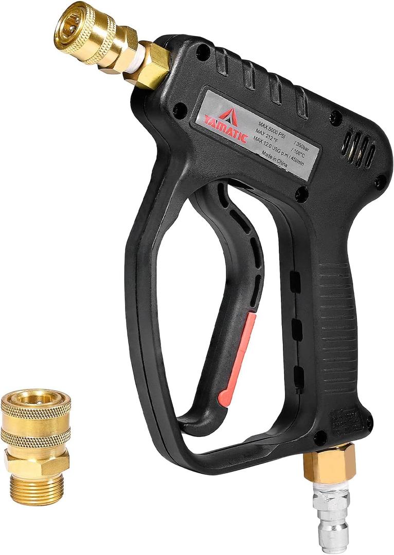 YAMATIC Short Pressure Washer Gun with Swivel, 5000 PSI Power Washer Wand Stubby Trigger Handle with 3/8" Plug & M22-14mm Male Inlet, 1/4" Quick Connect Outlet for Foam Cannon Car Wash