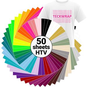 2 x TECKWRAP HTV Heat Transfer Vinyl Bundle: 50 Pack 12"x10" PU Iron On Vinyl Sheets, 24 Assorted Colors for T-Shirts. Compatible with All Cutters & Heat Press Machines. Easy to Cut & Weed