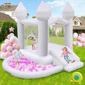 FBSPORT White Bounce House, Inflatable Bouncer with Air Blower,Indoor & Outdoor Bouncy Castle with Big Ball Pit for Wedding Party Kids Birthday Party, Easy to Install