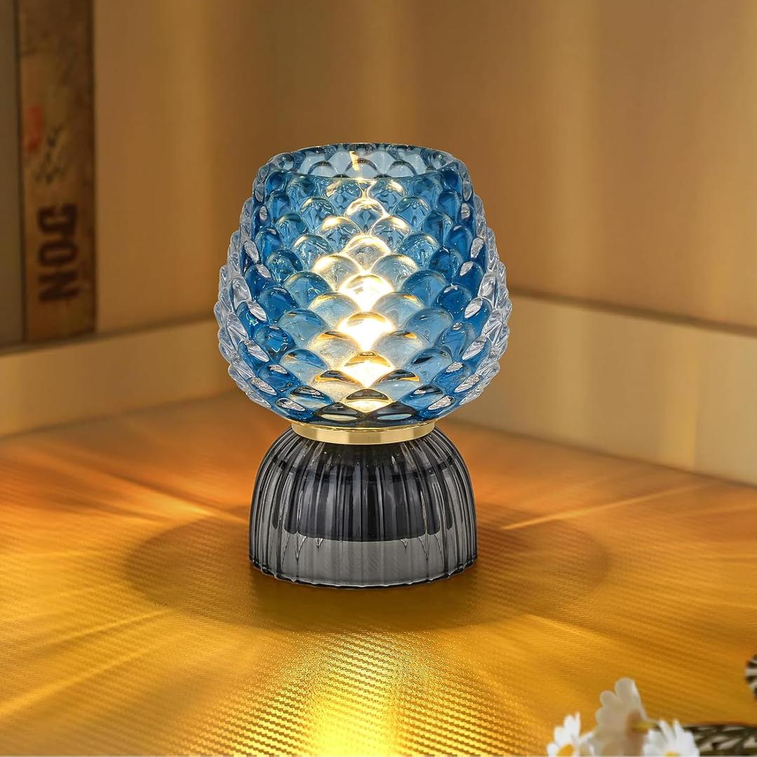 Battery Operated Lamp with Timer, Cute Small Cordless Glass Table Lamp for Home Decor, Kitchen, Bathroom, Birthday Gift for Women, Pinecone, Blue