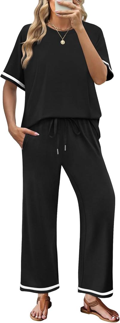 Sampeel 2 Piece Sets for Women Casual Summer Travel Vacation Outfits Short Sleeve Lounge Set (Large, Black)