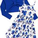 Girl's 2 Piece Outfit Printed Cami Dress with Long Sleeve Bow Crop Cardigan Set for 8 Years  