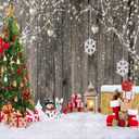LYWYGG 8X8FT Christmas Photography Backdrop Winter Gift Wood Background Xmas Eve Holiday Party Backdrops Supplies Cake Table Banner Home Decoration Snowman Santa Backgrounds CP-376-0808