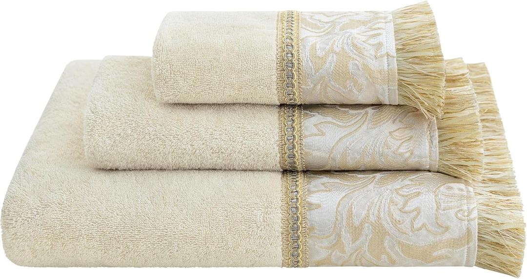 Loom and Mill Luxury Cotton Bath Towel Set 3 Piece-1 Bath Towel 1 Hand Towel 1 Wash Cloth, Ultra Soft Decorative Towel Sets Highly Absorbent for Bathroom, Elegant Floral Design(Ivory-Beige Gold)