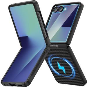 Ruky for Z Flip 7 Slim Case, Full Body Cover Anti-Scratches Shockproof Hard PC Ultra-Thin, [Compatible with MagSafe] Protective Magnetic Carbon Fiber Phone Cover for Samsung Galaxy Z Flip 7 5G, Black