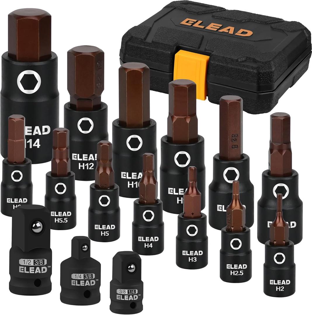 16-Piece Metric Hex Bit Socket Set - Premium S2 Steel 2mm-14mm Allen Socket Set with Socket Adapters, 1/4, 3/8 and 1/2 Drive | Professional Mechanic Garage Tools