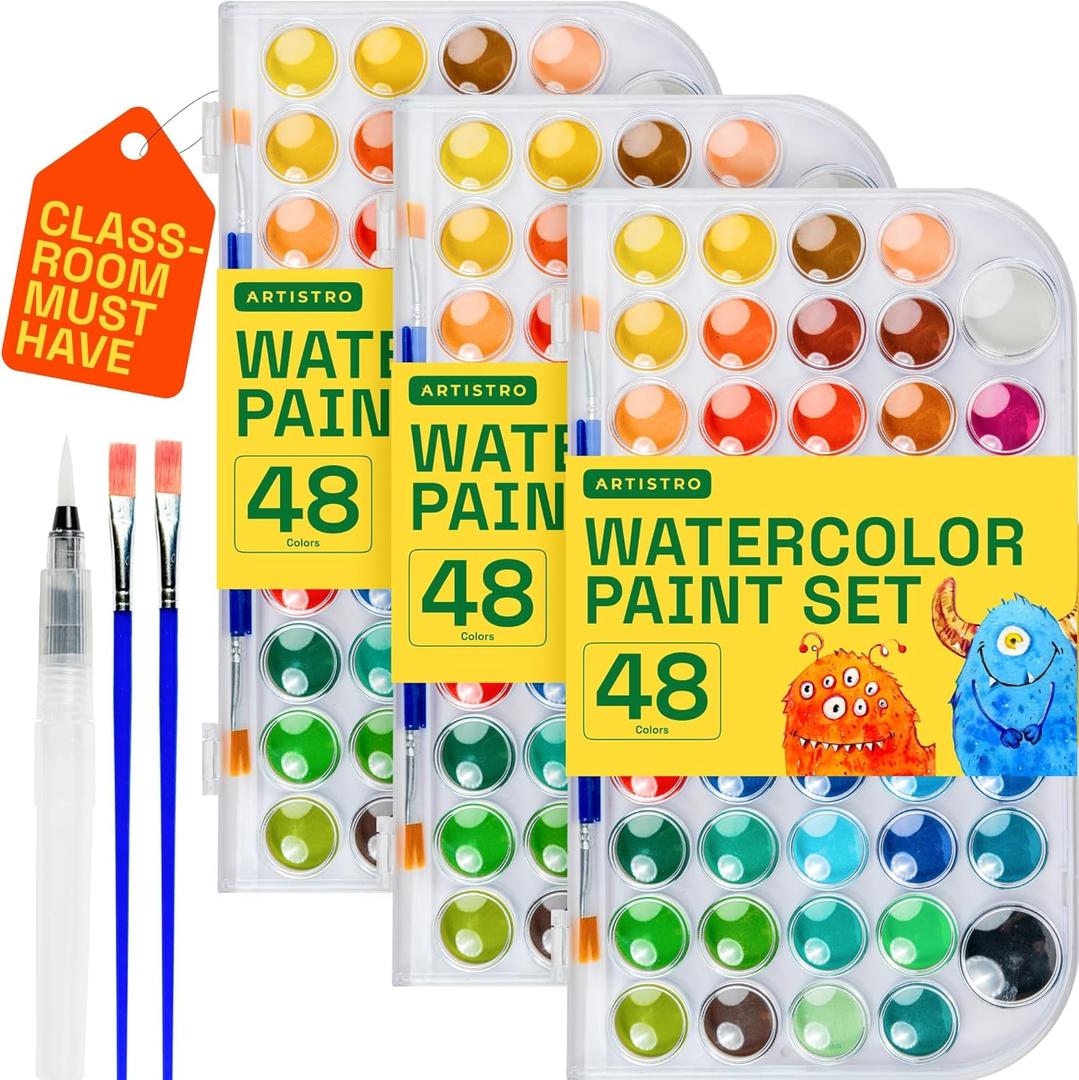 ARTISTRO 3 Pack of Washable Watercolor Paint Set 48 Colors with 2 brushes, Refillable Water Brush Pen and Palette, Water Color Paint Set for Kids, Adults, Beginner Artists