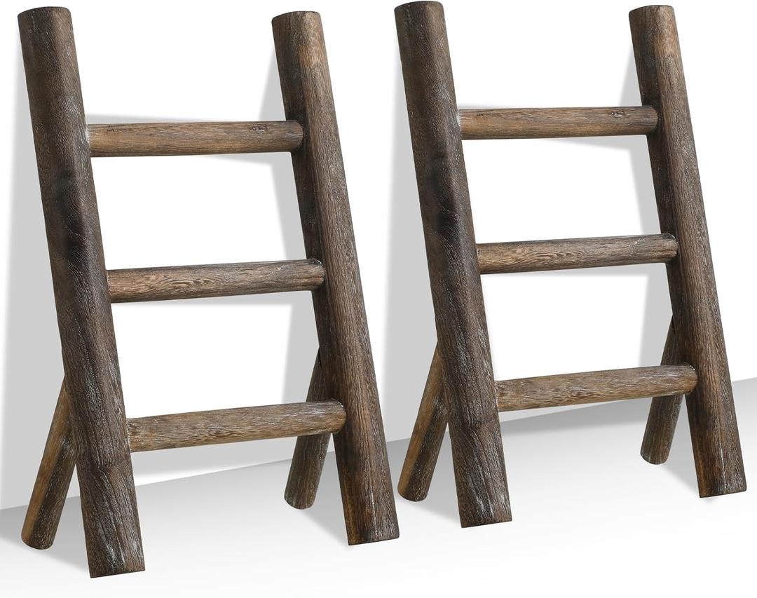 2 Pcs Wooden Tea Towel Ladder Rustic Hand Towel Stand Rack Mini Countertop Towel Stand Farmhouse Wood Counter Towel Holder for Bathroom Country Kitchen Office (Wood Color)