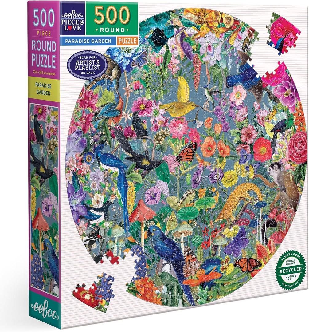 eeBoo Piece & Love: Paradise Garden - 500 Piece Puzzle - 23" Round Jigsaw, Vibrant Bird & Nature Collage Artwork, Eco-Friendly, Playlist, Adult & Kids