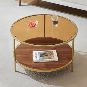 ElegLumi Modern Round Glass Coffee Table with Amber Glass Top, Round Glass Table for Living Room, D30''×H18'', Gold Table Legs Structure & Amber Glass Top