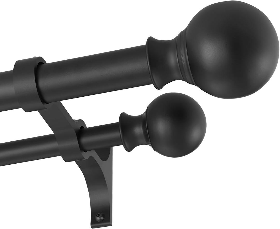 Double Curtain Rods 36-72 Inches with Round Finials, 1 Inch Heavy Duty Drapery Rod with Unique Aluminum Alloy Brackets for Windows, Sliding Door, Patio, Bedroom, Living Room Decoration, Matte Black