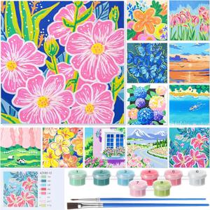 Nezyo 12 Sets Paint by Numbers Kit with Frame for Adult Beginners, DIY Acrylic Paint by Number Canvas for Painting Party Activity Birthday Gift, 8 x 8 Inch