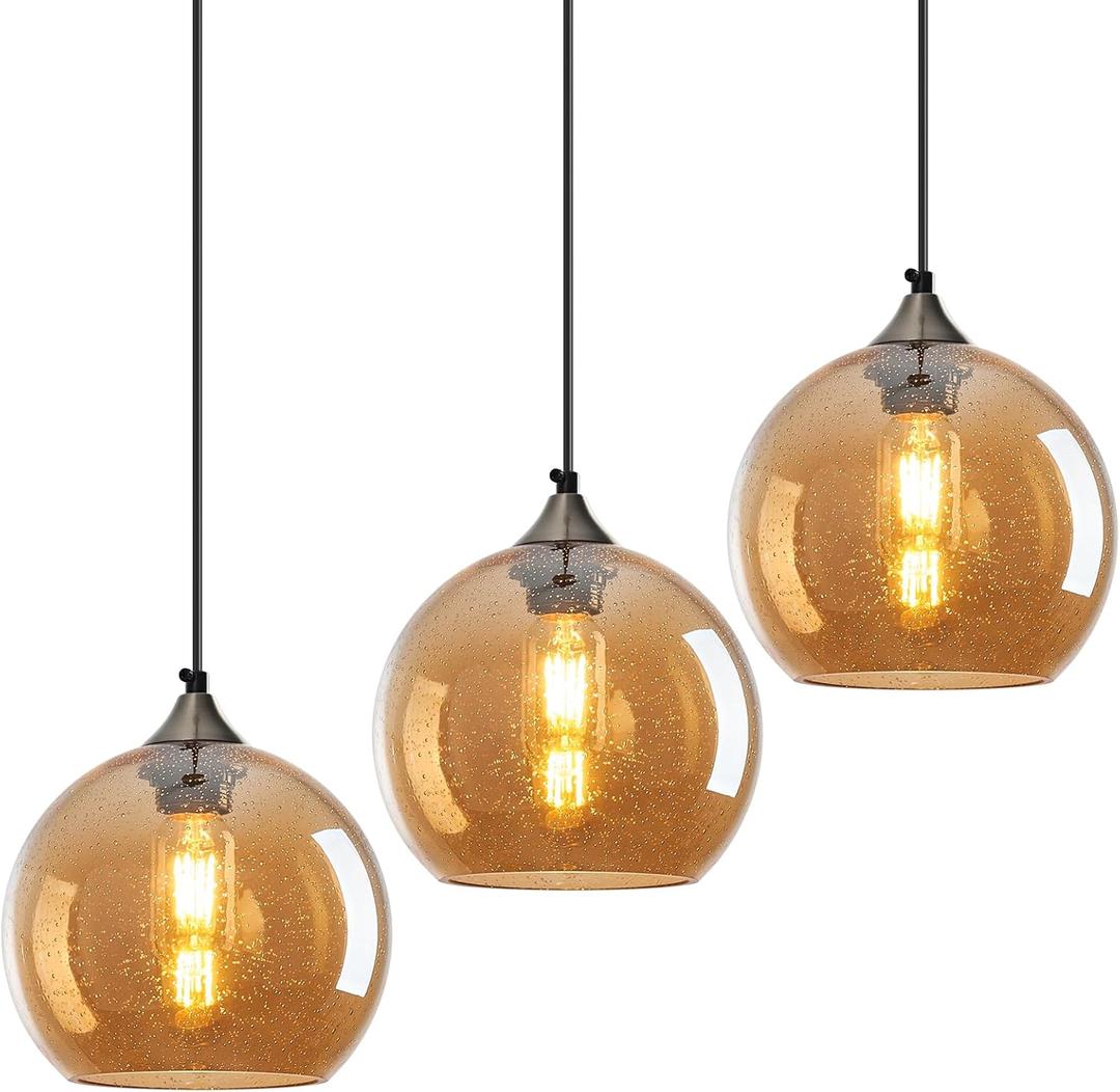 Amber Glass Pendant Lights Kitchen Island Lighting Globe Pendant Light Fixtures Modern Pendant Lighting for Bedroom Living Dining Room Light Fixture (7.87 in, 3 Pack)