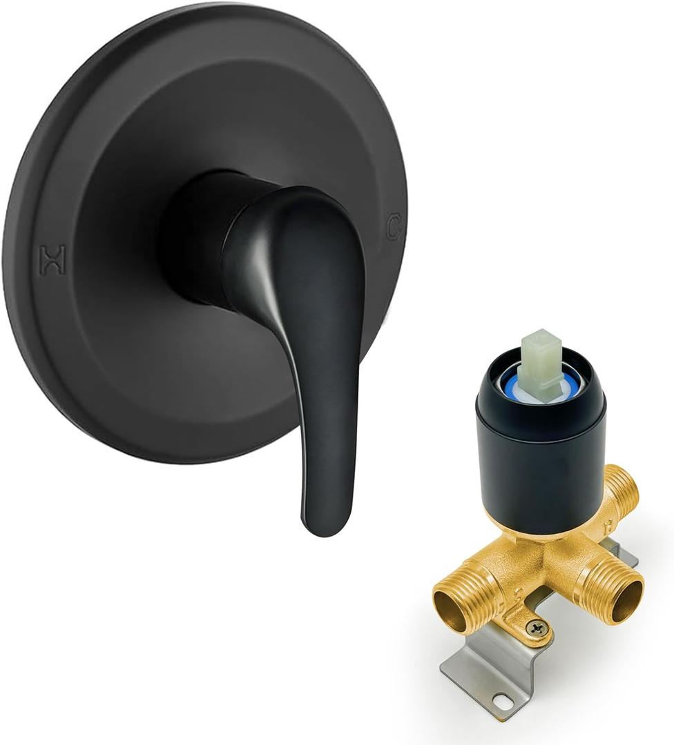 Matte Black Round Shower Handle Valve Brass Single Function Shower Mixer Control Valve with Male Thread Bathroom Trim Kit, Wall Mounted