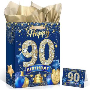 Blue 90th Birthday Gift Bag, Large Navy Blue Gold Happy 90th Birthday Gift Bag with Greeting Card and Tissue Paper for Men Women Blue 90 Anniversary Birthday Party Favors Goodie Wrapping Bag Supplies (90th Blue Gold Birthday)
