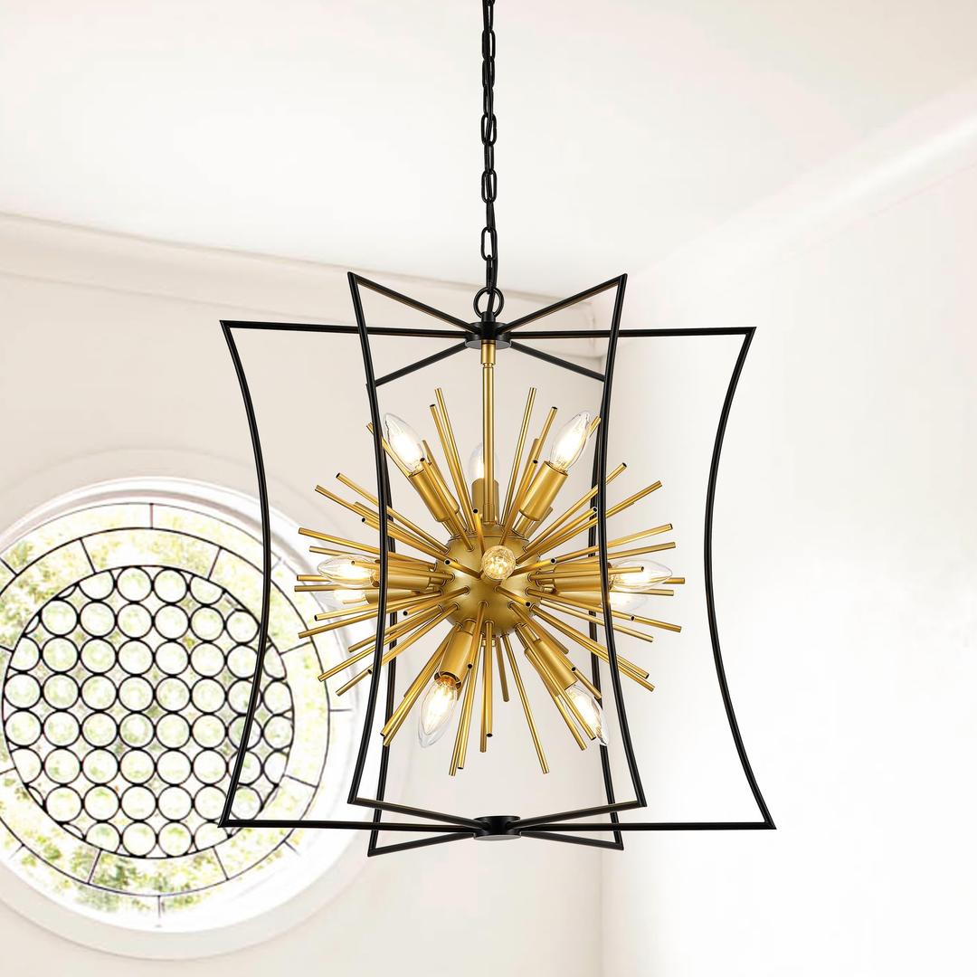 brfaixla Modern 23.2" Black Gold Sputnik Chandelier for Dining Room Industrial Retro Geometric 12-Light Ceiling Pendant Light Fixture for Kitchen Island Bedroom Living Room Hallway Entryway Foyer