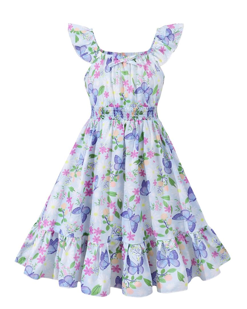 Girls Summer Floral Dresses A Line Halter and Ruched Ruffle Hem High Waist Spring Midi Dress Girls Purple Butterflies Dresses Size 10 for Teens (White)