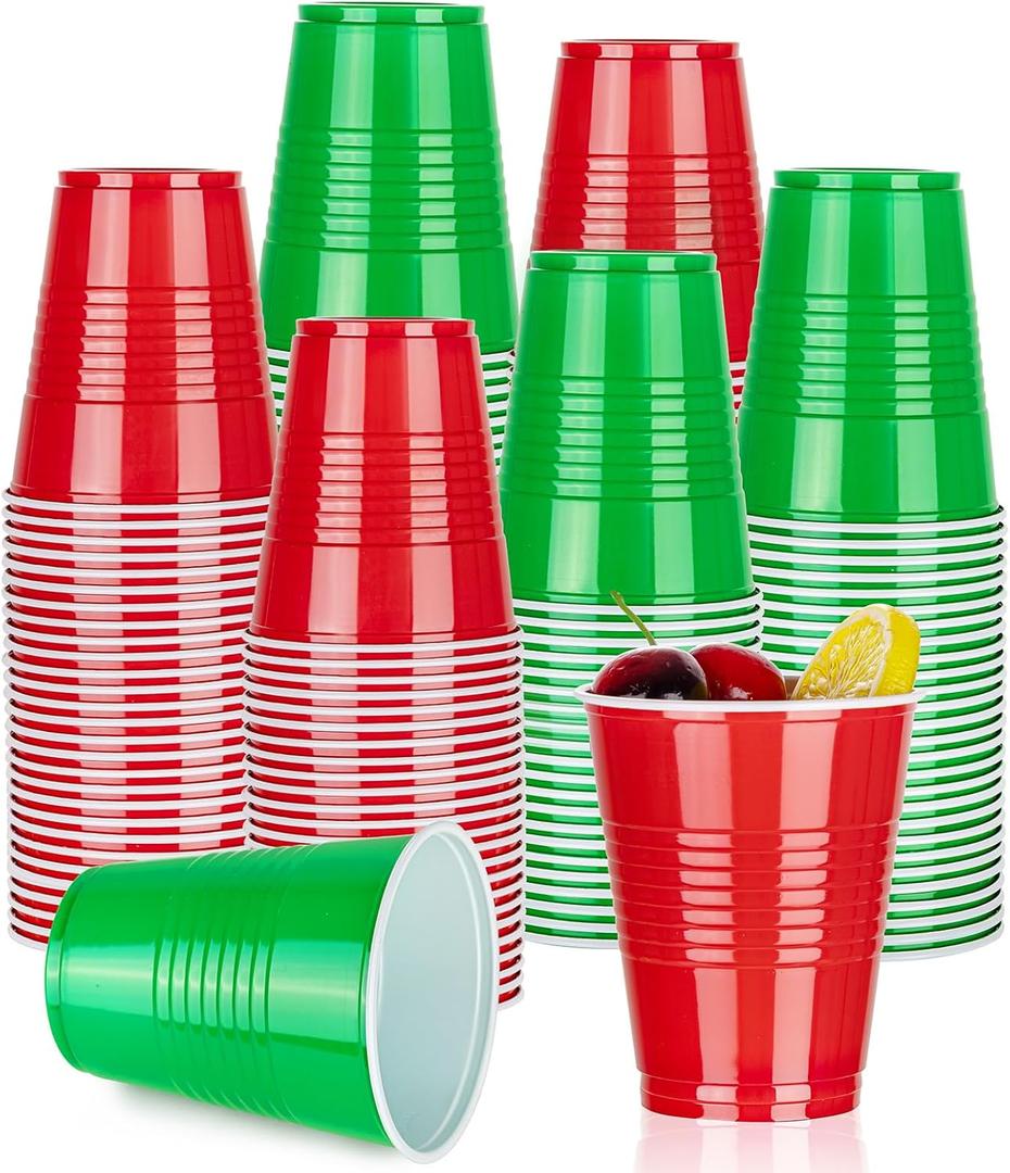 12 Oz Christmas Red & Green Cups 100 Pcs Plastic Cups for Party New Year Santa-Themed Gatherings Wedding Birthday, Picnics Events