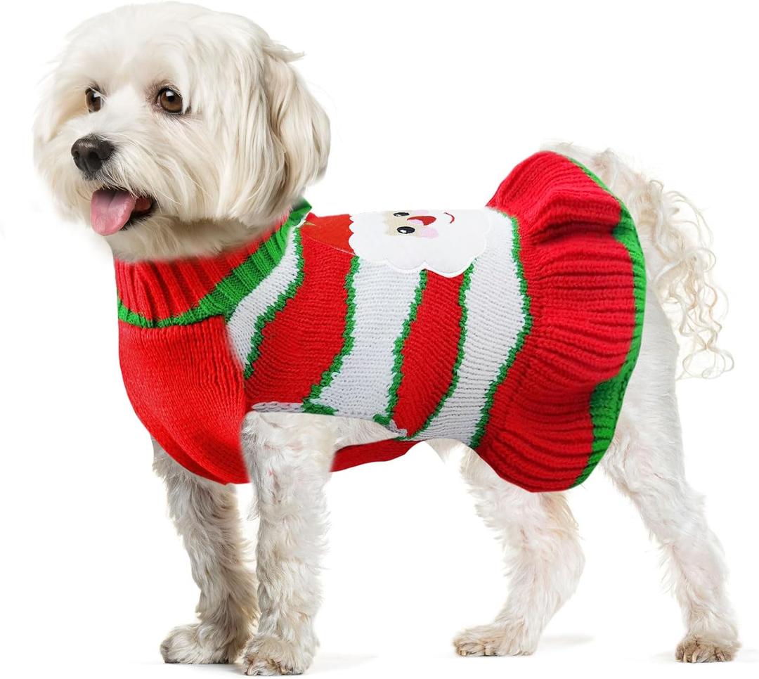 Dog Christmas Sweaters Santa Claus Xmas Dog Sweaters Dress with Leash Hole Christmas Dogs Outfits Striped Knitwear Winter Warm Puppy Cat Clothes Holiday Costumes for Small Medium Dogs(Green,XL)