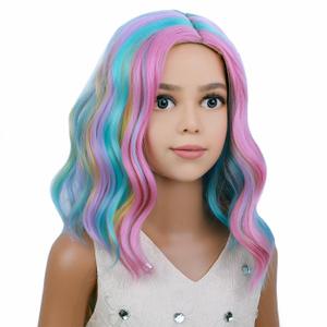 Kids Child Rainbow Wig Short Wavy Colorful Wig Multicolor Wigs Girls Synthetic Cosplay Halloween Party Costume Wigs