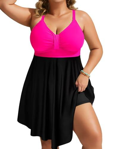 Hanna Nikole Womens Plus Size One Piece Swimdress Tummy Control Bathing Suit Bodyshape Swimwear with Irregular Hem Rose Pink Black ,16W