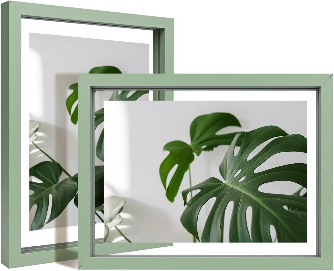Egofine 6x8 Floating Frames Set of 2, Double Plexiglass Picture Frame, Made of Solid Wood Display Any Size Photo up to 6x8, Wall Mount or Tabletop Standing, Green