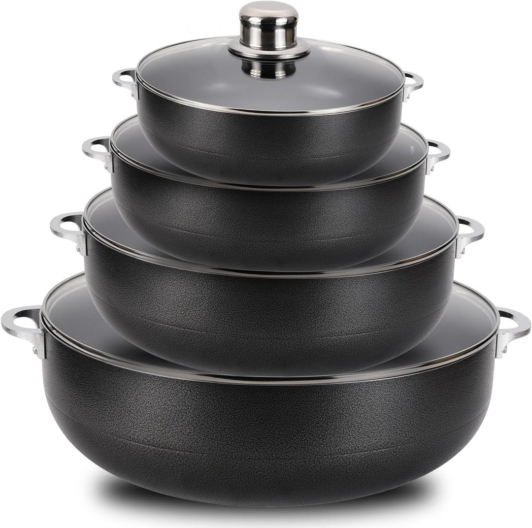 Alpine Cuisine 8-Piece Aluminum Non-Stick Caldero Stock Pot Set 2, 3.5, 7, and 13 Quart Pots Heavy Duty Cookware for Home, Kitchen, and Professional Use Multipurpose Dutch Oven for Soups, Stews, and rice (Non-Stick Glass Lid)