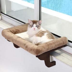 Zakkart Cat Perch for Window Sill with Bolster  Orthopedic Hammock Design with Premium Hardwood & Robust Metal Frame  Cat Window Seat for Large Cats and Kittens  Dark Stained Wood Brown Bed, 24''W