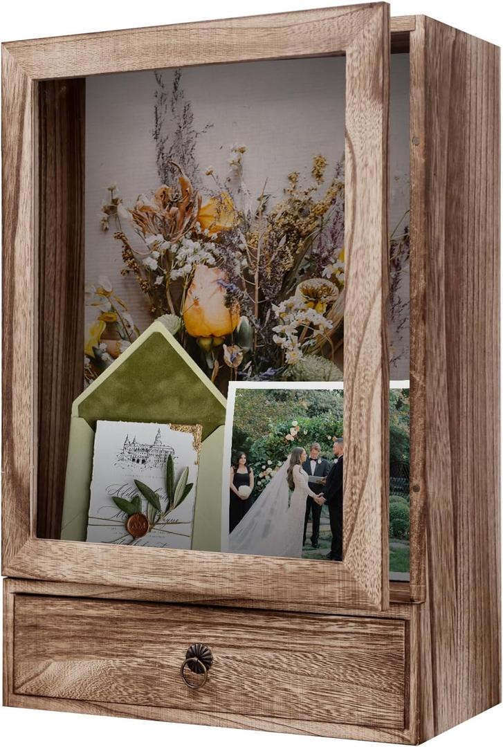 Shadow Box Frame 11" x 16" , 4" Deep Shadow Box Display Case with Drawer, Rustic Wood Memory Box for Pictures, Flowers, Memorial, Medals, Wedding Bouquet for Wall or Tabletop, Keepsakes, Medals