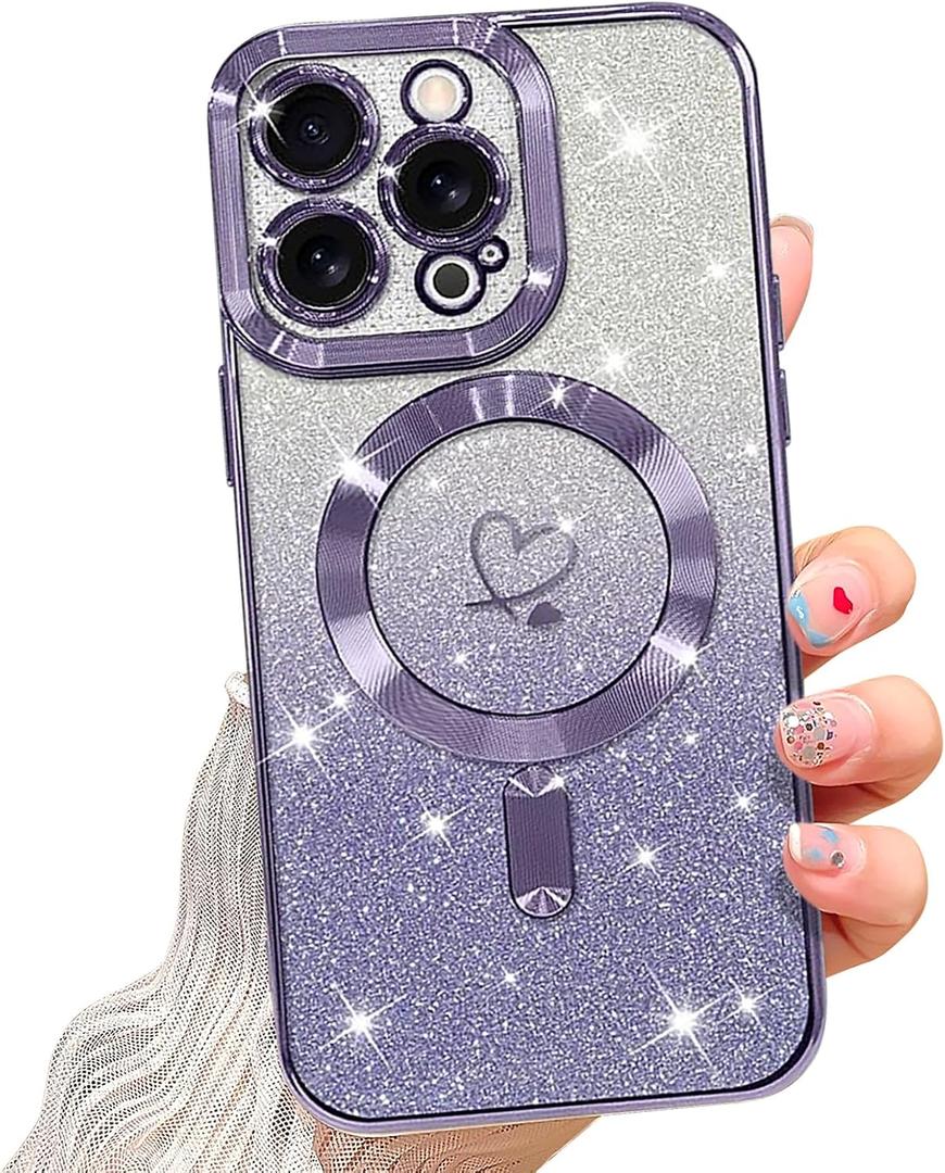 NITITOP Compatible with iPhone 12 Pro Max Case Cute Clear Glitter [Compatible for MagSafe] Plating Heart Sparkle Bling Magnetic Girl Women Electroplated Frame Camera Protection Back Cover - Purple