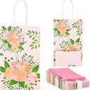DjinnGlory 25 Pack Small Spring Floral Party Favor Bags with Handles and 25 Tissue Paper for Birthday Wedding Decorations, Pink Paper Gift Bags for Bridal Baby Shower New Moms (9x5.5x3.15 Inch)