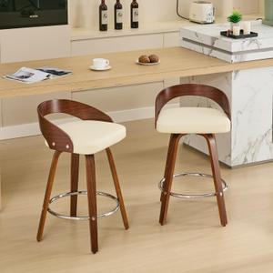 Bar Stools Set of 2, Swivel Bar Height Stools with Low Back, Beige PU Leather Cushion, 25-Inch Seat Height, Mid-Century Modern Design, Walnut Finish