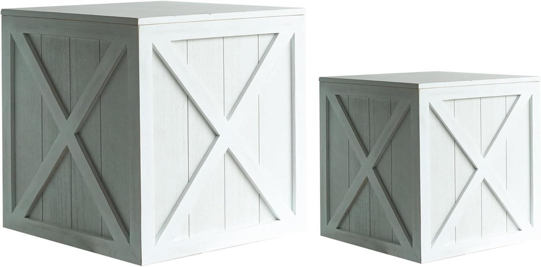 COLLECTIVE HOME - Wood Storage Ottoman, Rustic Storage Stool, 2 Pack Cube Seat Foot Rest Stool, Accent Side Table, Metal Storage Bin for Living Room Furniture, 16"/12" (White, barn Door)