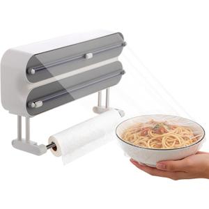 Magnetic Wrap Dispenser with Cutter, 3-in-1 Kitchen Roll Holder | Fits plastic wrap, foil and paper towels, metal-surface mounting, wall holes and sticker setup for flexible kitchen placement