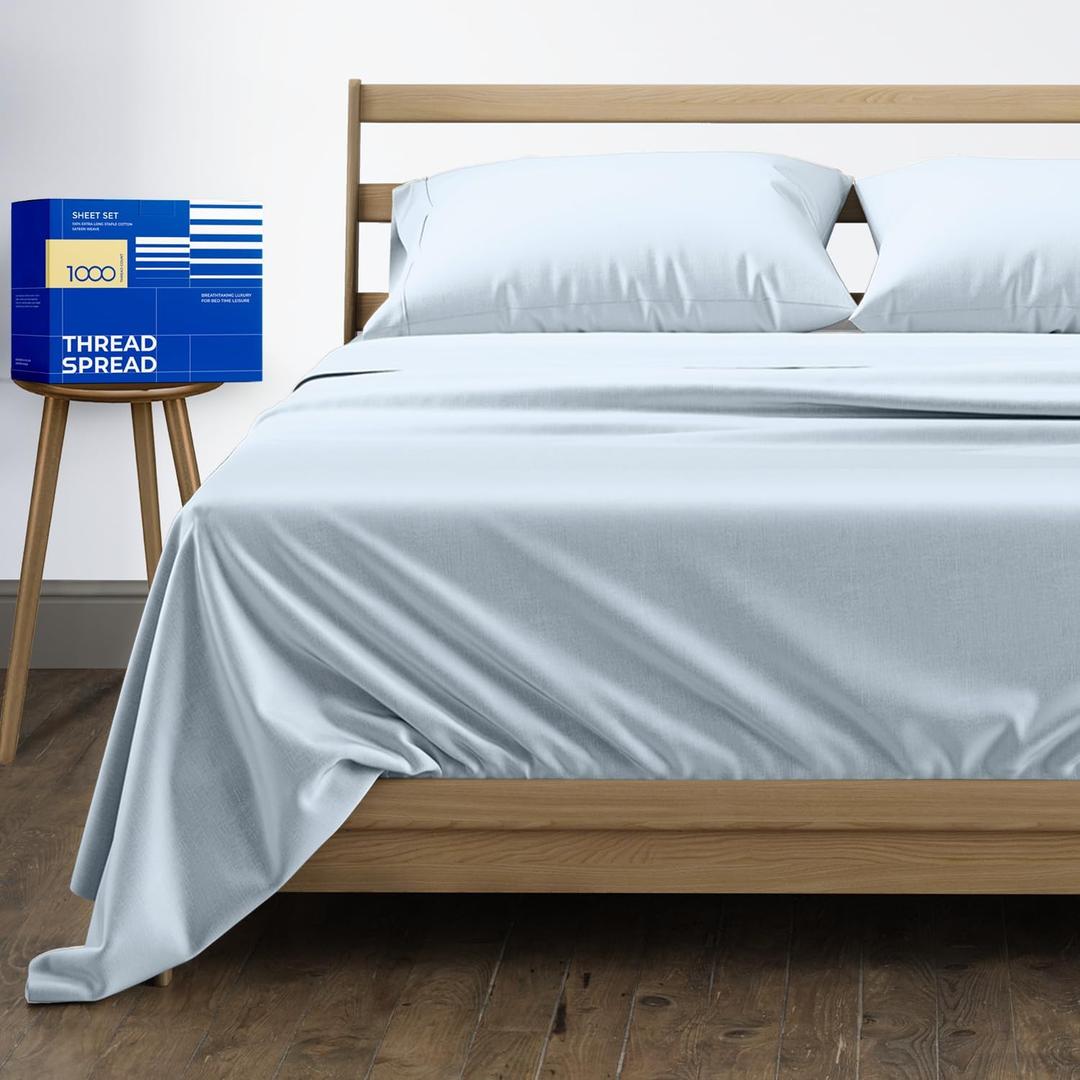 THREAD SPREAD 100% Pure Egyptian Cotton Sheets Queen Size - 1000 High Thread Count Sheet, 4 PC Luxury Hotel Sheets for Queen Bed, 16" Deep Pocket Sateen Soft Cooling Bedding Sets - Light Blue
