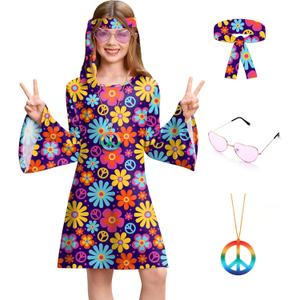 BesserBay Girl's 4 Pcs Halloween 70s Hippie Dress Bell Sleeve Floral Printed Outfit  10 Years (M)