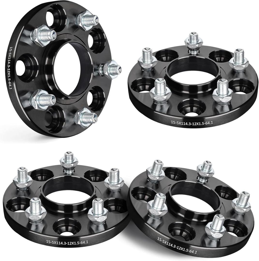 EVIL ENERGY 5x4.5 Wheel Spacers 15 mm Compatible with Honda Acura, 5x114.3 mm Hubcentric with Lip 5 Lugs 64.1 mm Hub Bore M12x1.5 Studs Wheel Spacer Black