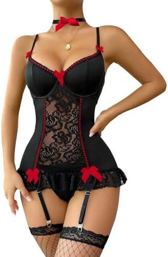 Lilosy Sexy Stocking Garter Belt Bows Floral Lace Babydoll Corset Push Up Teddy Lingerie Set with Panty, XL