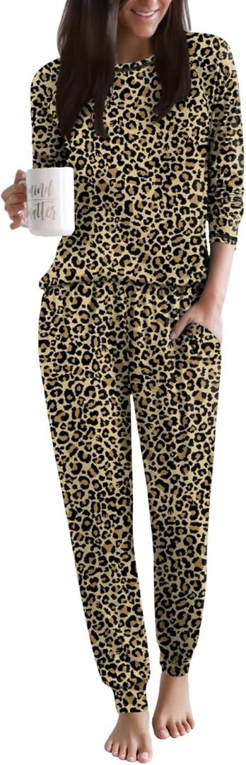 Ekouaer Women Pajama Sets 2 Piece Long Sleeves and Joggers Sleepwear Set Soft Pjs Lounge Set with Pockets (Small, Leopard)