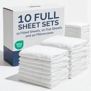 Bulk Case Pack of 10 Sheet Sets - Complete 6 Piece Sheet Sets - Bulk Full Size Bedding - Wholesale Case Pack for Hotels, Spa & Airbnbs - Deep Pocket & Wrinkle Free - Cooling & Breathable - Full, White